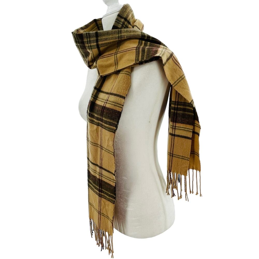 Cashmere Feel Tan Black Plaid Acrylic Faux Fringed Rectangle Scarf Size 12X72